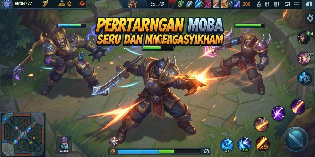 Screenshot gameplay EMON777 yang menunjukkan aksi pertarungan MOBA.