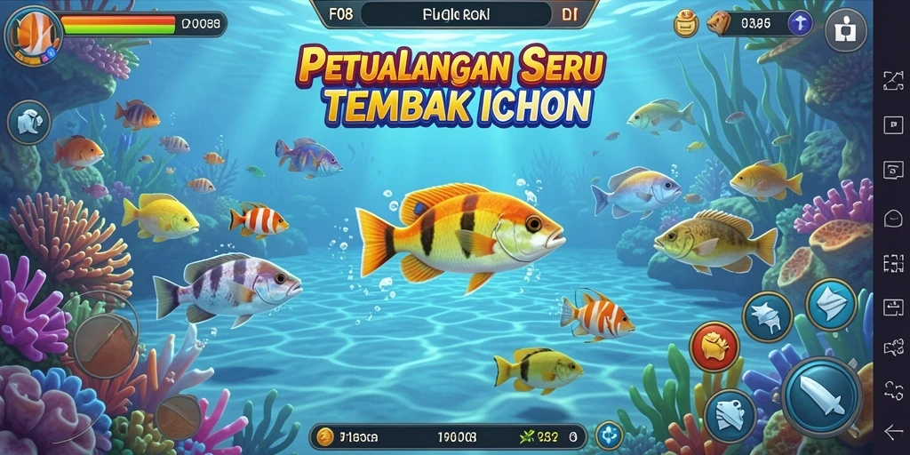 Screenshot gameplay F08 dengan ikan berwarna-warni yang terlihat jelas.