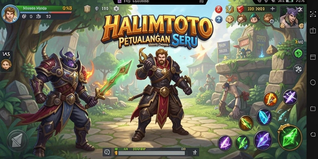 Tangkapan layar gameplay HALIMTOTO yang menampilkan pertempuran epik dan dunia fantasi.
