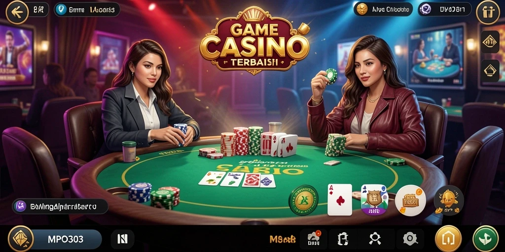Screenshot MPO303 menampilkan dealer live dan pemain berinteraksi dalam permainan kasino.