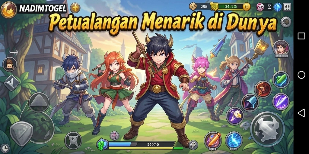Tampilan gameplay NADIMTOGEL yang penuh warna dan karakter anime.