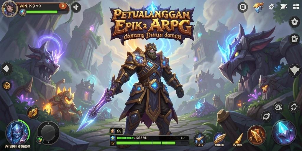Screenshot gameplay WIN199 menampilkan pertarungan epik di dunia fantasi.