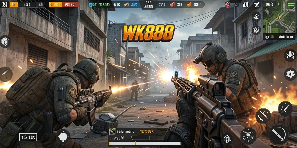 Gameplay intens WK888 dengan aksi menembak mendebarkan.